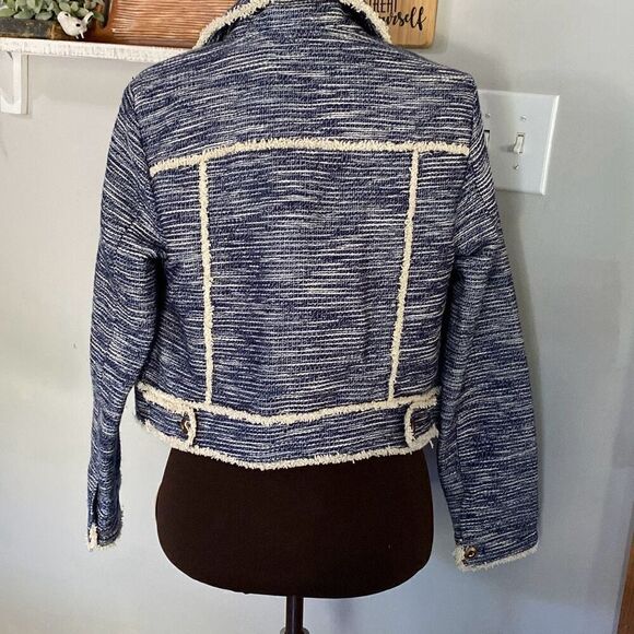 Catherine Malindrino tweed blazer jacket women’s size medium navy blue cream but - Picture 6 of 13